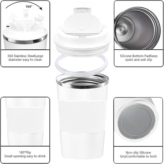 YINBAOGE Insulated Travel Coffee Mug, Spill & Leak Proof, Portable To Go Camping Stainless Steel Coffee Tumbler, Reusable Thermal Coffee Cup with Lid for Hot & Cold Drinks (White, 17 OZ)