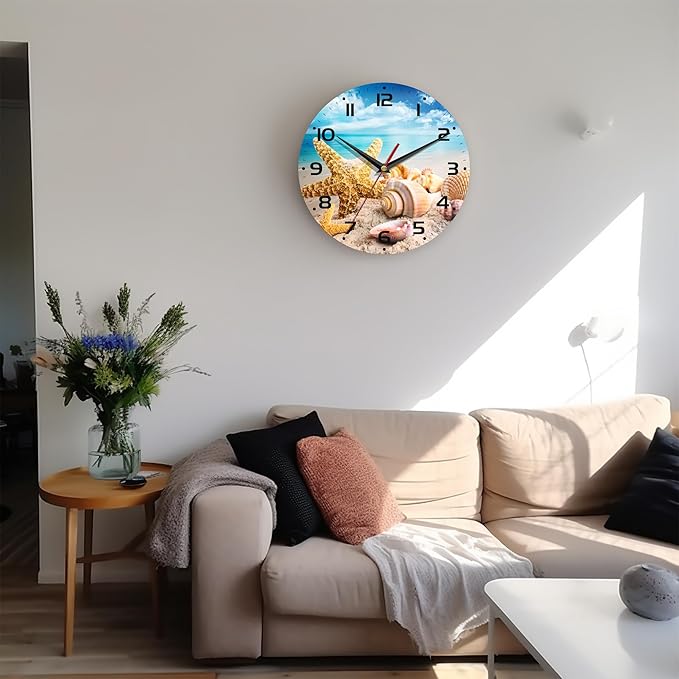 Wall Clock, 10 Inch Silent Non-Ticking Home Kitchen Decor, Battery Operated for Bathroom Bedroom Living Room Office(Starfish Seashells Beach)