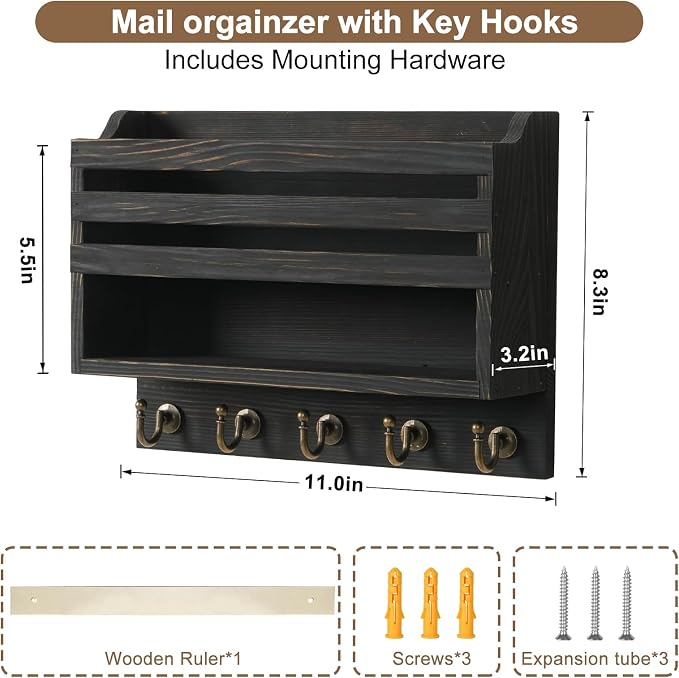 Mail and Key Organizer for Wall – Key Holder Wall Mount with Storage Box and 5 Key Hooks, Mail Holder Wall Mounted for Entryway, Apartment, Office, Home Decor Organization (Black)