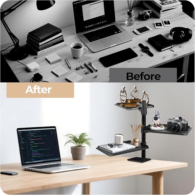 FAHKNS 3-Tier Clamp on Desk Shelf - Multifunctional Desk Clamp Shelf,Ergonomics Metal Desk Extension for Home/Office/Game Room,Tabletop Book Storage Rack,Desktop Thickness 0.4-2.2”