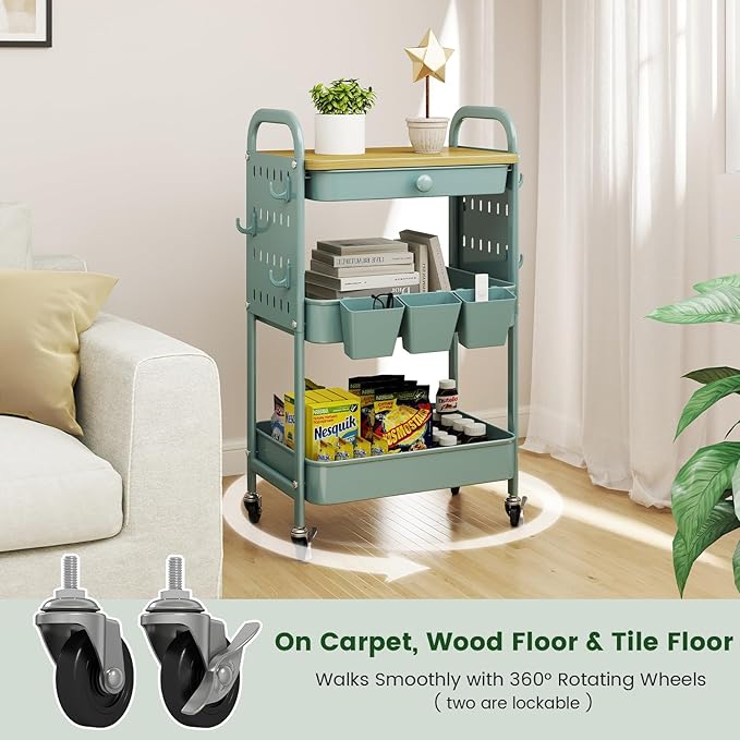danpinera 3 Tier Rolling Cart, Metal Utility Cart with Wooden Table Top & DIY Pegboard, Rolling Carts with Drawer, Storage Cart Craft Cart with Hooks & Hanging Cups for Kitchen, Bathroom, Office