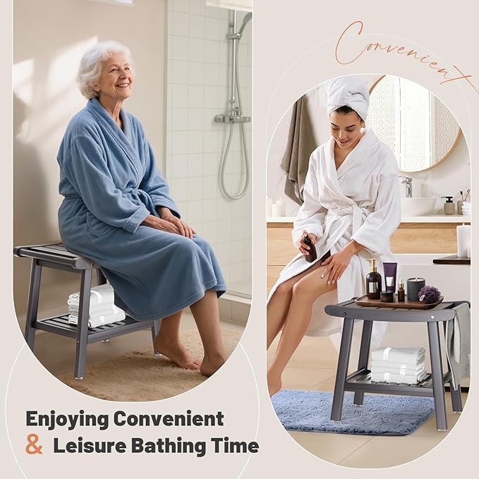Bamboo Shower Bench Stool, Shower Chair for Inside Shower with 2-Tier Storage Shelf, Waterproof Shower Seat for Shaving Legs, Spa Bathroom Shower Bench-Grey