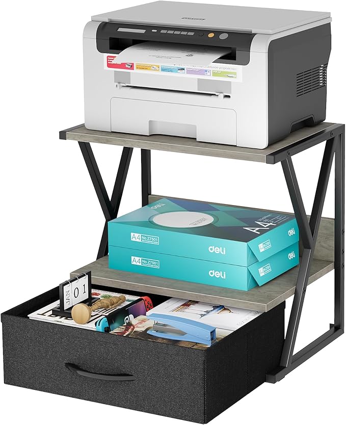 aboxoo Printer Stand for Desk with Storage Drawer, 2 Tier Desktop Or Under Desk Shelf, Multi-Purpose Desks Organizer for Home Office, fit Fax Machine/3D Printer/Scanner, Grey