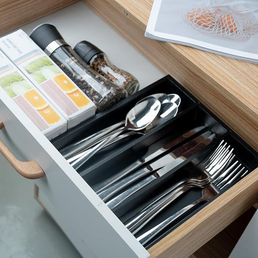 Fibogollo Silverware Organizer Bamboo Kitchen Drawer Organizer, Flatware Organizer Tray for Kitchen, Flatware, Utensils(Black)