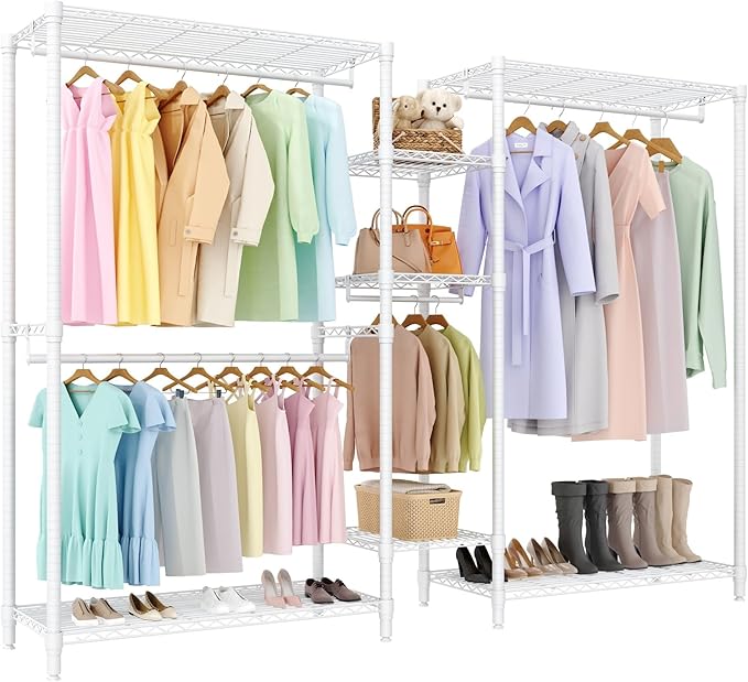 1630 LBS Heavy Duty Clothes Rack with Adjustable Shelves, 5 Tiers L-Shaped Freestanding Closet Organizer and Storage for Hanging Clothes, 85.4" W x 17.4" D x 70.5" H