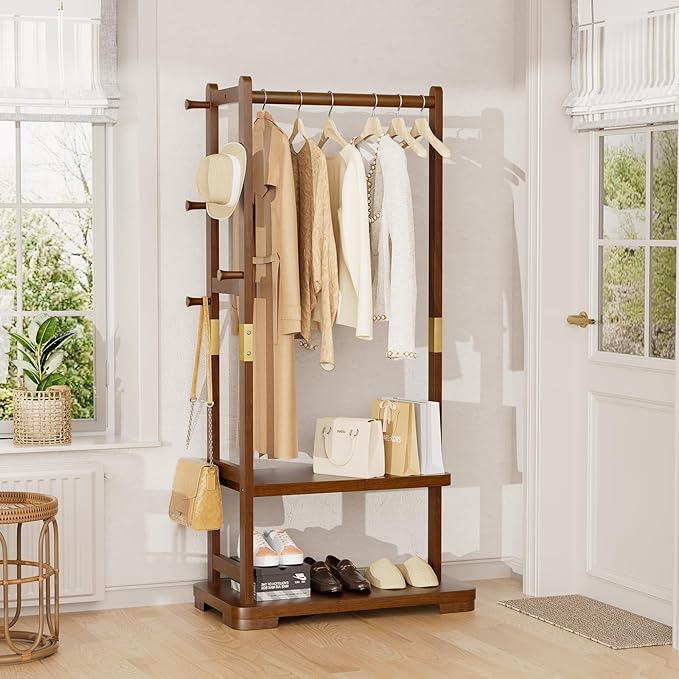 Solid Wood Clothes Rack with 2 Shelves & 4 Hooks for Hanging Clothes Garment Wallets Hats, Clothing Rack Heavy Duty Coat Rack Freestanding with Storage Hall Tree for Hallway Bedroom Living Room