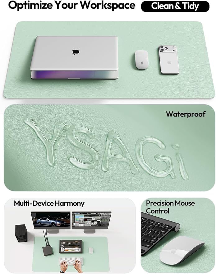 YSAGi Leather Desk Protector, Office Mat, Large Mouse Mat, Non-Slip PU Leather Blotter, Laptop Pad, Waterproof Writing Pad for Office and Home (Pale Green, 31.5" x 15.8")