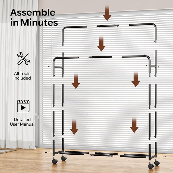 Simple Trending Clothing Clothes Rack Double Rods with Wheels, Rolling Metal Garment Rack for Hanging, Black