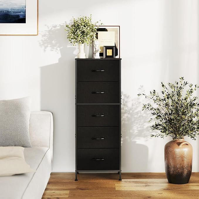 DUMOS Nightstand with 5 Drawers Bedside Table with Removable Fabric Bins Sturdy Steel Frame Wood Top Organizer Furniture for Bedroom Closet Living Room, Black