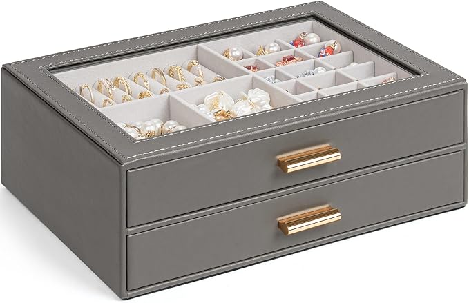 AKOZLIN Jewelry Box with Clear Lid Functional Leather Jewelry Storage Organizer Case 2 Drawers for Women Girls Necklace Ring Bracelet Earring