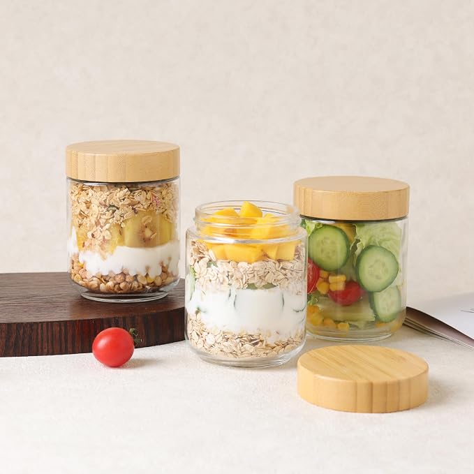 Moretoes 6 Pack Overnight Oats Containers with Lids, 16oz Glass Storage for Dry Food, Jars with Lids for Yogurt & Salad, Portable for Picnic & Lunch, Transparent Square Design for Kitchen Pantry Jars