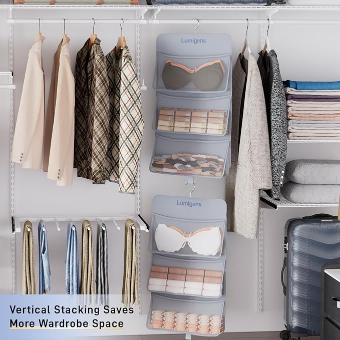 Lumigens Hanging Sock & Underwear Organizer, Hanging Closet Organizer with Pockets, Bra Hanger for Closet Organizer with 360° Rotating Hook, Space Saving Hanging Storage for Wall, Bedroom, RV