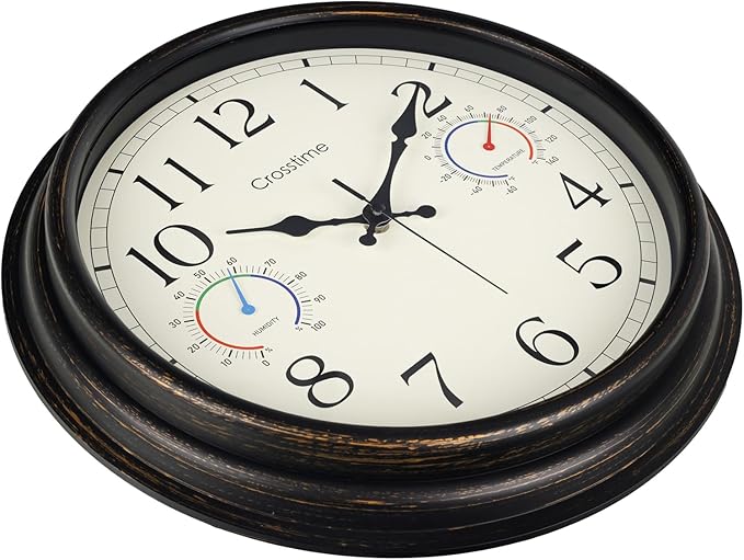 16 Inch Waterproof Outdoor Clock with Thermometer & Hygrometer Combo – Bronze Retro Vintage Decor Indoor Outdoor Wall Clocks for Patio, Pool, Backyard, Garage