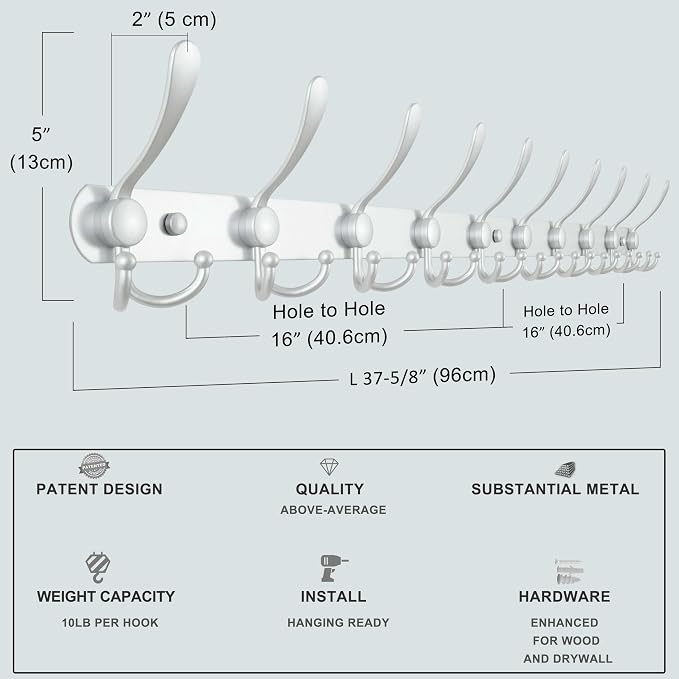 Dseap Coat Rack Wall Mount - 38” Long 10-Tri-Hooks Heavy Duty Coat Hanger Rail Wall Hooks for Hanging Coats Hats Clothing Clothes Purse Mudroom Entryway, Silver, Pack of 2