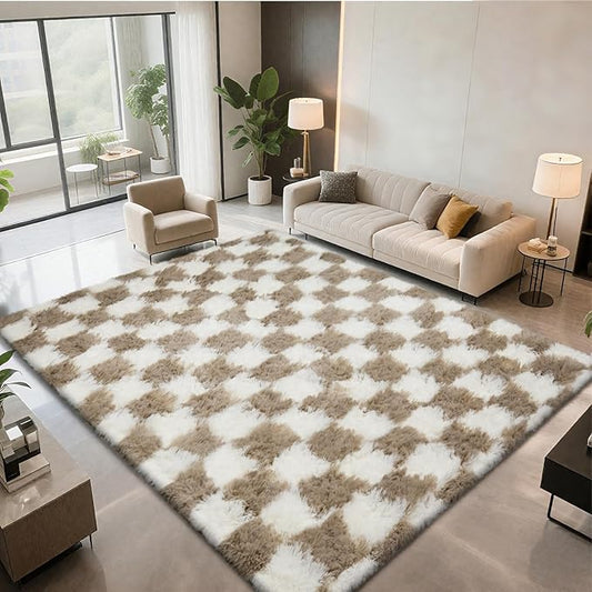 Checkered Area Rugs for Living Room 6x9, Fluffy Beige and White Checkered Rug Fuzzy Shag Shaggy Carpets for Bedroom, Soft Plush Furry Rug for Teen Room Dorm Home Decor