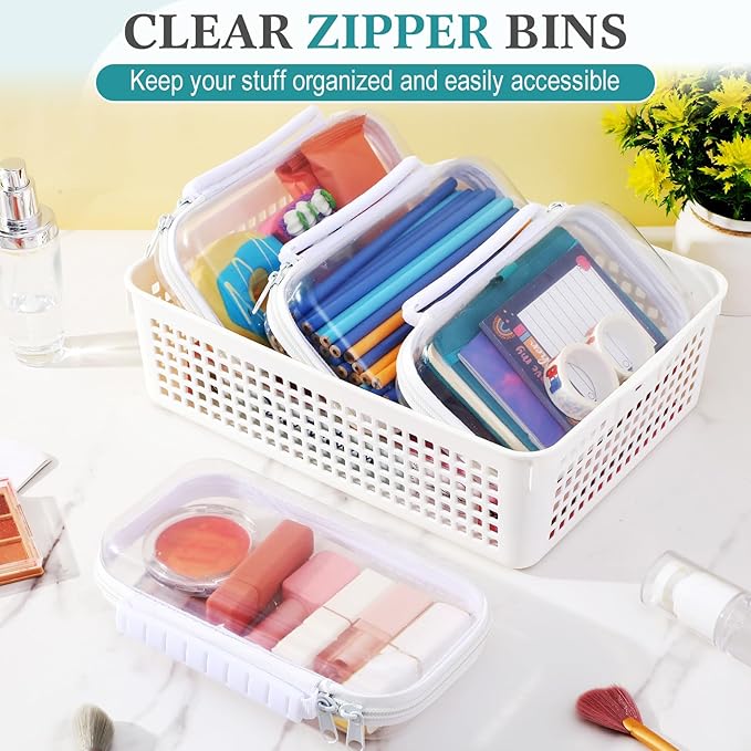 Sanwuta 4 Pcs Clear Hard Zipper Case with Handle Office Storage Cases Hard Plastic Pouches Transparent Bins for Crafts, Snacks, Cosmetics, Puzzles(7.5 x 4 x 2 Inches,White)