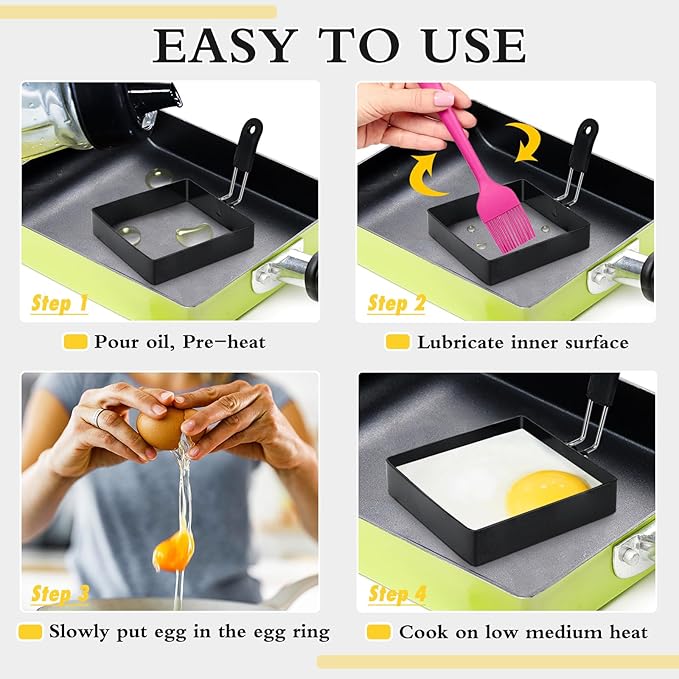 4'' Square Egg Rings with Silicone Handle, Stainless Steel Egg Cooking Rings,Nonstick,For Frying Eggs and English Muffins Pancake, Egg Mold Shaper For Breakfast