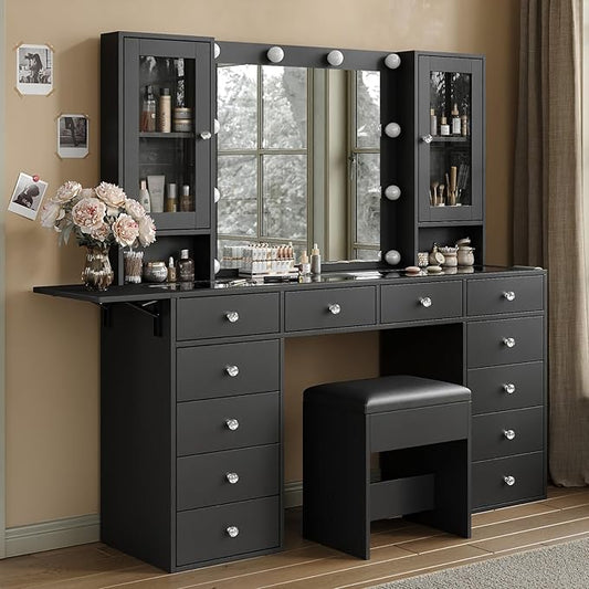 Vanity with Power Outlet, Vanity Desk with Mirror and 10 LED Lights, Makeup Vanity with 12 Drawers and 2 Cabinets, Fold-up Panel, Glass Top Dressing Table with Chair for Bedroom, Black