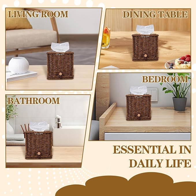 Rattan Tissue Box Cover Square Natural Woven Decorative Rectangle Tissue Box Holder Bathroom Napkins Roll Paper Face Towels Organizer on Table Rustic Boho Decorative 5.5 X 5.5 X 5.9in