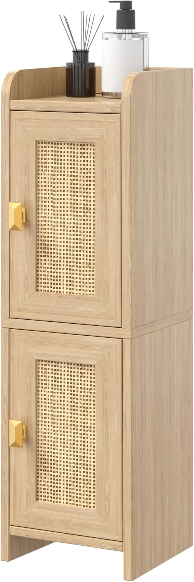 Akxomel Rattan Small Bathroom Cabinet with 2 Doors, 7.9''D x 7.9''W Narrow Toilet Paper Storage Cabinet, Bathroom Organizer for Small Spaces, Wooden Slim Corner Unit with Adjustable Shelf, Natural Oak