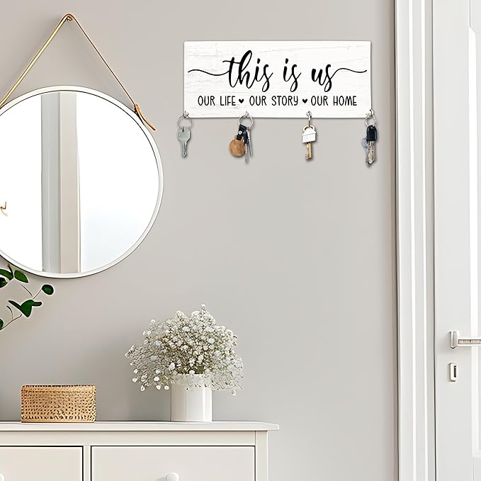 This is Us Wooden Key Holder for Wall - 5"x10" Key Organizer Hanger with 4 Hooks for Home Front Door Hallway Entryway Kitchen - Home Office Decor & Housewarming Gifts Supplies - A05