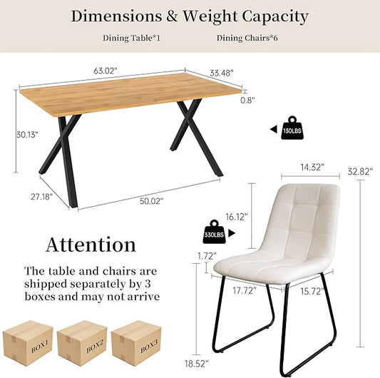HIPIHOM 7-Piece Dining Table Set for 6 People, 63" MDF Kitchen Table with 6 Upholstered Chairs, Metal Legs for Dining Room, Kitchen(Oak Table+6 U-Shaped White Chairs)