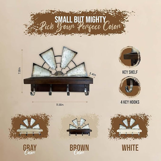 Windmill Key Holder Wall Mount, Decorative Wall Mounted Key and Mail Rack with Shelf, Farmhouse Wall Decor, 4 Rustic Key Hooks for Coats & Keys, Brown Key Holder