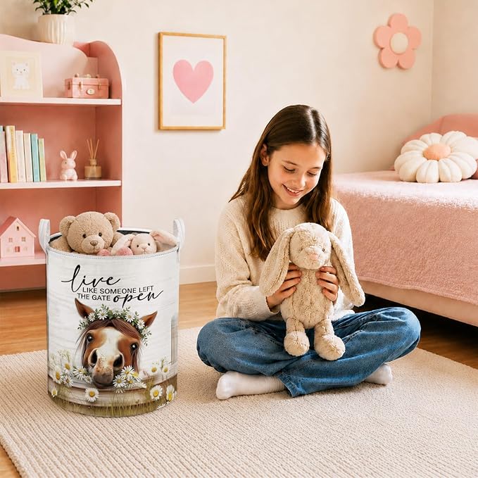 Farmhouse Daisy Floral Horse Laundry Basket, Horse Lovers Gifts Laundry Hamper Waterproof Collapsible Clothes Toys Storage Bin Organizer for Girls Room Bedroom Bathroom Home