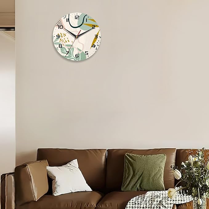 Wall Clocks,Boho Wall Clock Decorative,Abstract Leaf Kitchen Wall Clocks Battery Operated - 10 Inch Round Bathroom Wall Clock Silent Non-Ticking