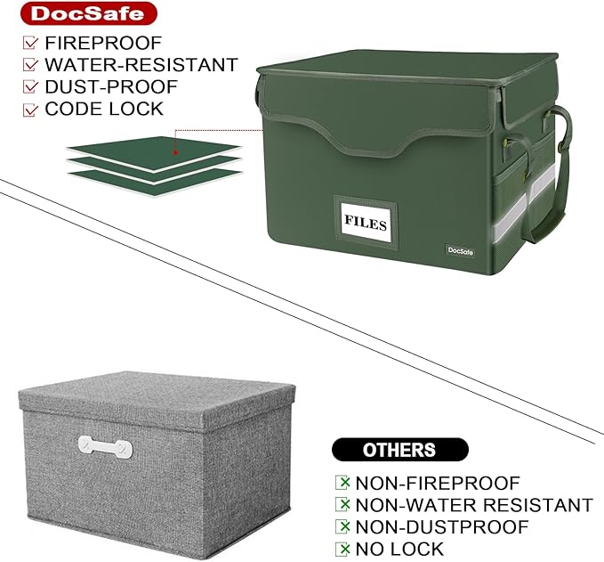 DocSafe Fireproof Document Box with Lock,File Storage Organizer with Pockets,Collapsible Portable File Box Home Office Safe Filing Cabinet with Handle for Hanging Letter/Legal Folders,Green,2 Pack