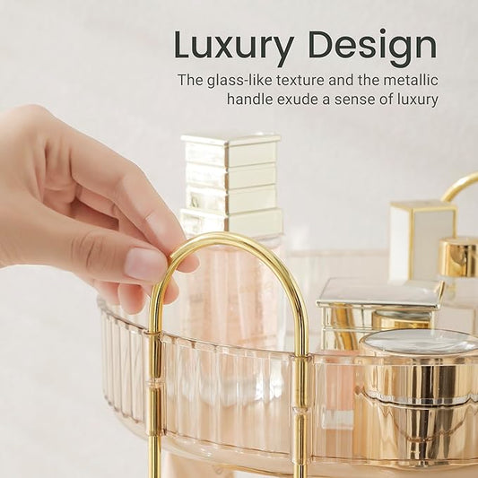 Aveniee Rotating Makeup Organizer for Vanity, Premium Solid Metal Pole Sturdy Construction, Perfume Storage for Bathroom Countertop, Clear Spinning Counter Shelf Cosmetic Holder for Dresser,Gold