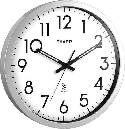 Sharp Atomic Analog Wall Clock - 12" Silver Brushed Finish Sets Automatically- Battery Operated Easy to Read Use: Simple, Style fits Any Decor
