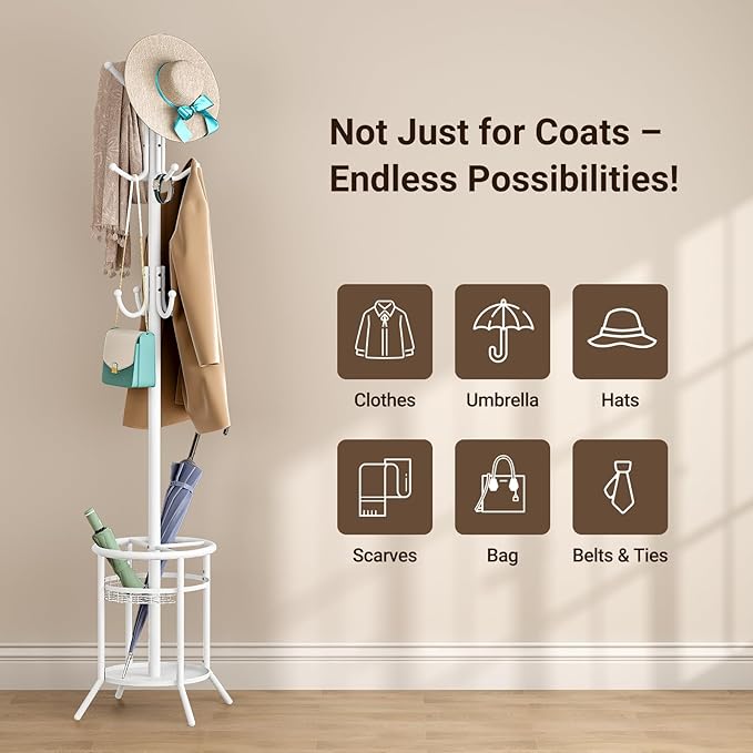 ELYKEN Coat Rack Freestanding, Metal Coat Rack Stand with Umbrella Holder, Modern Coat Tree with 12 Hooks, Floor Standing Corner Hall Tree for Entryway Living Room Bedroom Office, White