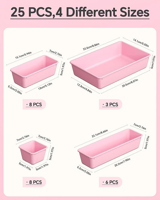 KEMETHY 25 PCS Plastic Drawer Organizers Set, 4 Sizes Vanity Organizer, Makeup and Desk Drawer Organizer Trays, Organization and Storage for Makeup, Bathroom, Kitchen Utensils and Office (Pink)