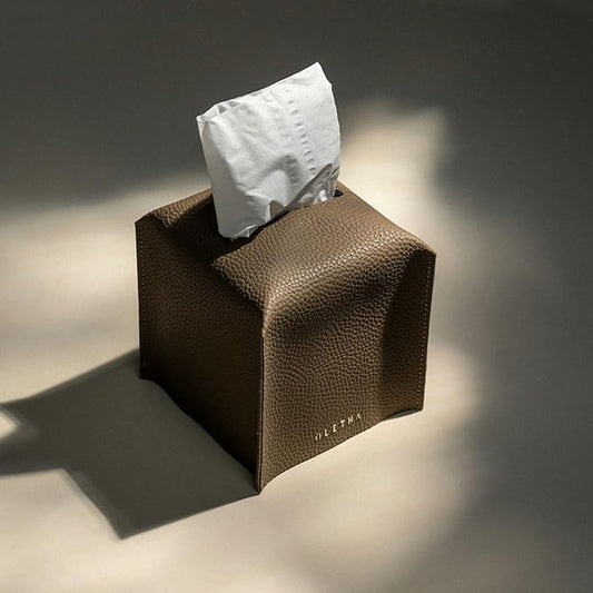 OLETHA Square Tissue Box Cover - Aesthetic Desk Decor for Room, Home & Office - Tissues Cube Boxes Holder - Tan Gray