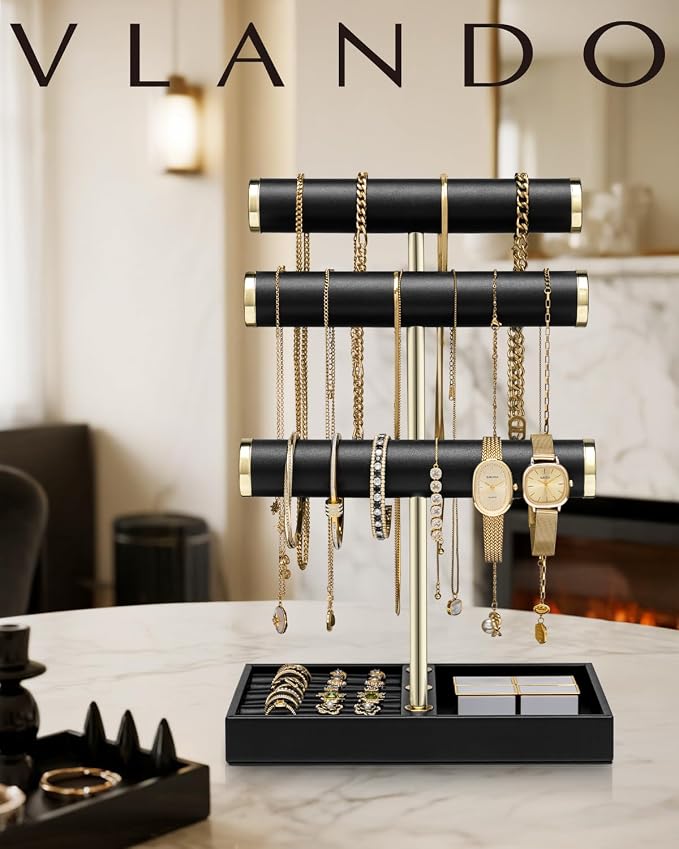 VLANDO 3 Tier Bracelet Holder Organizer with Tray - Leather Jewelry Stand Organizer for Women - Jewelry Holder Display for Necklace, Watches, Rings, Earrings, Bangle, Scrunchie - Black