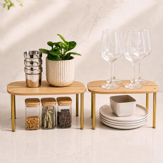 Ibyx Cabinet Organizer Set of 2 - Kitchen Pantry Organizers and Storage with Bamboo Top & Brass-Effect Metal Legs - for Kitchen Counter & Stackable Shelves for Cabinets with 22 lb Capacity - Natural