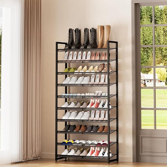 Shoe Rack, 10-Tier Metal Shoe Organizer, Tall Shoe Rack for Closet,entryway,Garage, with Adjustable Flat or Angled Shelves, 42-50 Pairs,Shoes that can accommodate The Whole Family.
