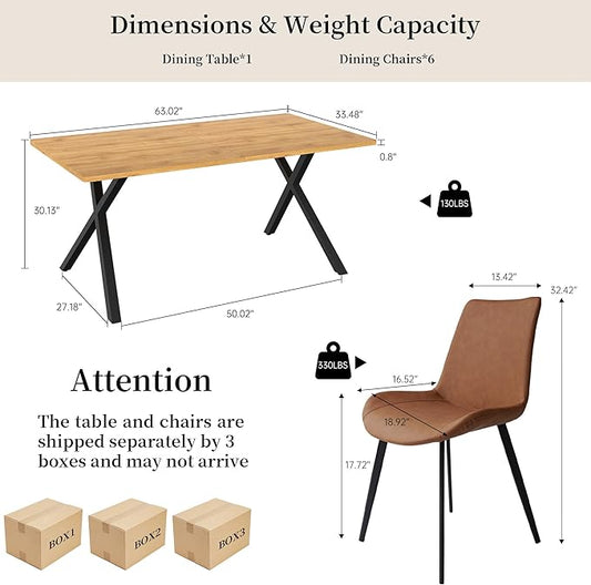 HIPIHOM 7-Piece Dining Table Set for 6 People, 63" MDF Kitchen Table with 6 Upholstered Chairs, Metal Legs for Dining Room, Kitchen(Oak Table+6 Brown Chairs)