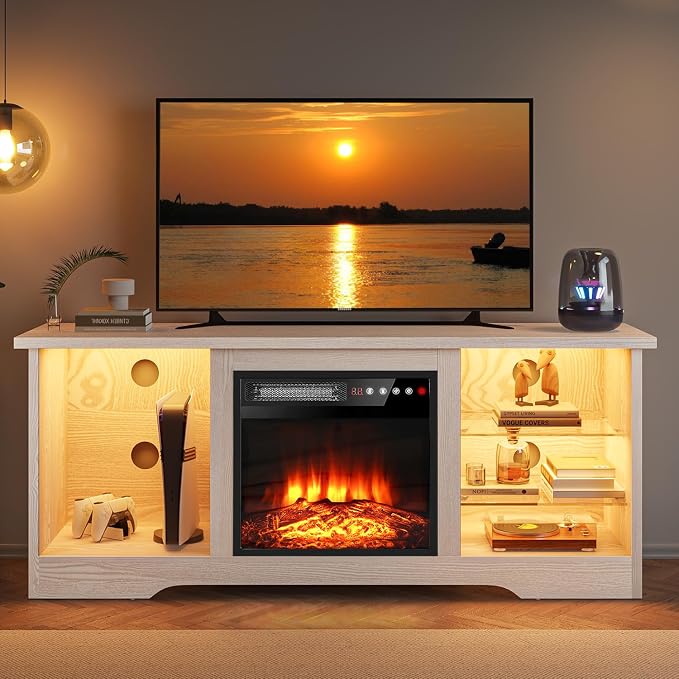 VITESSE 58 Inches Fireplace TV Stand for TVs up to 65 Inches Console with 18'' Electric Fireplace & Remote,Wooden Modern Entertainment Center for Living Room with LED Light Glass Shelves(Bei)