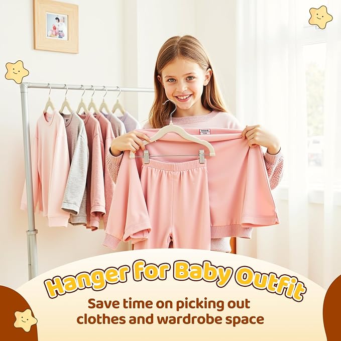 Flottian 24-Pack Baby and Kids Velvet Hangers with Clips, Non Slip and Space-Saving Kids Pants Hangers for Baby/Toddler Pants, Skirts, Coats, Beige