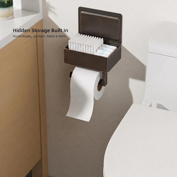 FORIOUS Toilet Paper Holder with Shelf, Sanitary Napkin Receptacle Tampon Holder, Wall Mount Toilet Paper Holder with Storage, Flushable Wipes Dispenser Fits for Bathroom Commercial(1, ORB)