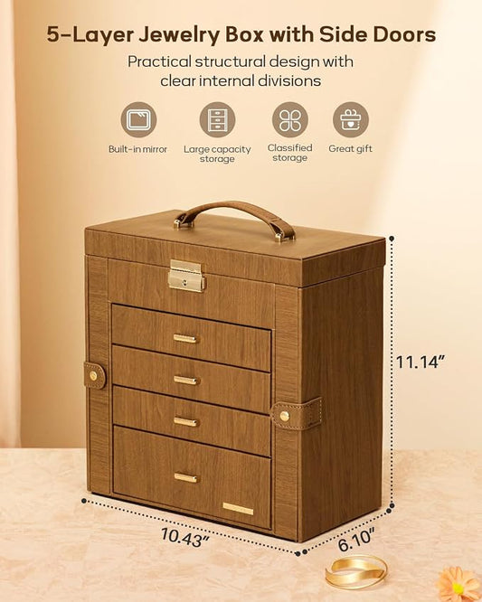 Homde Mothers Day Gifts Synthetic Leather Huge Jewelry Box Mirrored Watch Organizer Necklace Ring Earring Storage Lockable Gift Case (Brown + Gold)