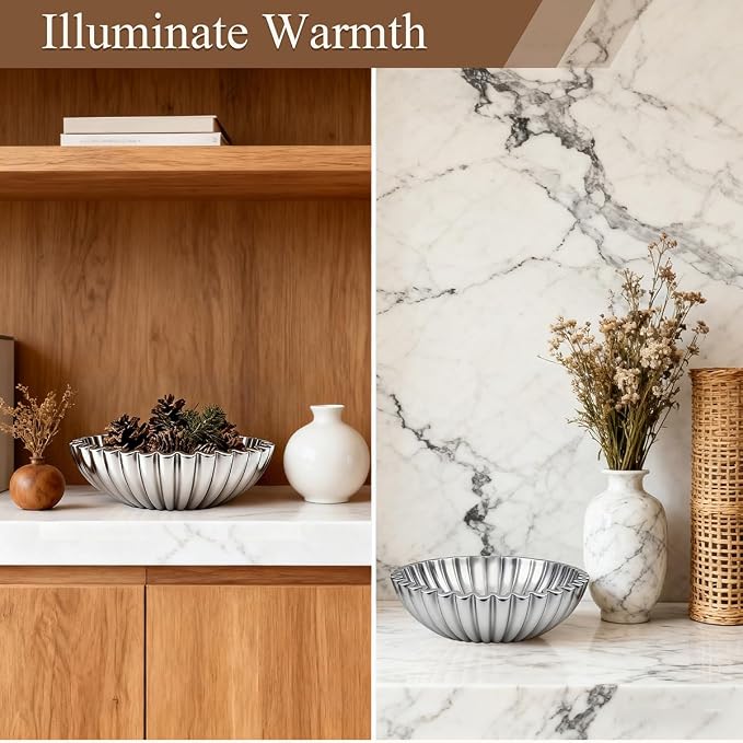 Large Modern Ruffle Bowls, Artificial Stone Decorative Catch All Bowl for Kitchen Counter and Entryway Table, Handcrafted Fruit Bowls and Key Bowl for Home Decor(Silver