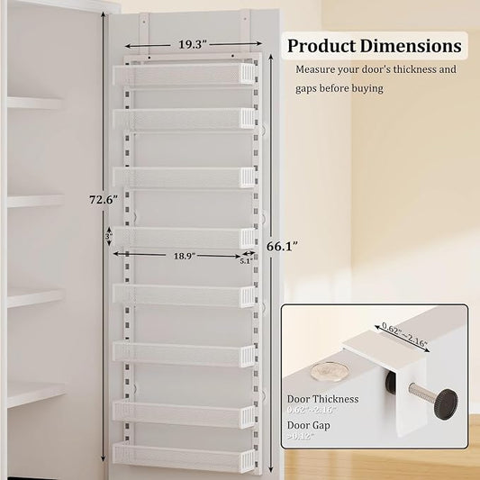 Over the Door Pantry Organizer, 8-Tier Over the Door Spice Rack with Adjustable Baskets, Wall-Mounted or Hanging Shelves for Kitchen, Laundry Room, Bathroom(White, 19.3"W x 5.2"D x 72.6"H)