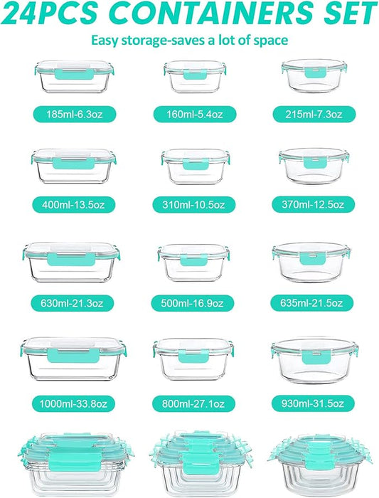 VERONES 12 Packs Glass Food Storage Containers Set, Airtight Glass Lunch Containers, Glass Meal Prep Containers with Lids,Exclusive of BPA, for Microwave, Oven, Freezer & Dishwasher Friendly,Green