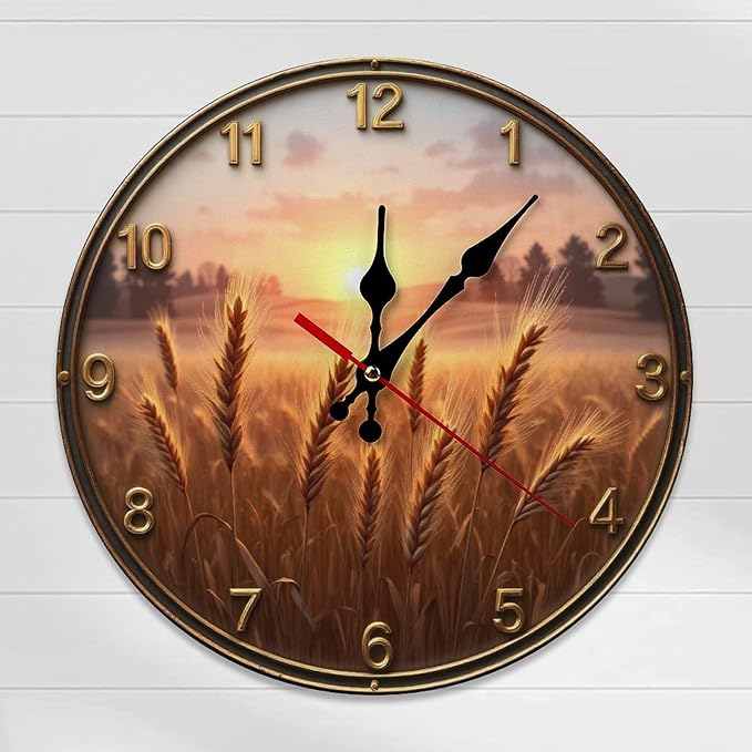 Wall Clock, Rustic Sunset Wheat Field Non Ticking Wall Clocks Battery Operated, Brown Wooden Wall Clocks for Kitchen, Living Room, Bedroom, Office, Bathroom Decorative 25 * 25cm
