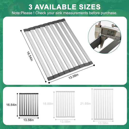16.5" X 13" Roll Up Dish Drying Rack,Over The Sink Drying Rack 304 Stainless Steel Foldable Heat-Resistant Dishes Drainer for Kitchen and RV Sink Counter