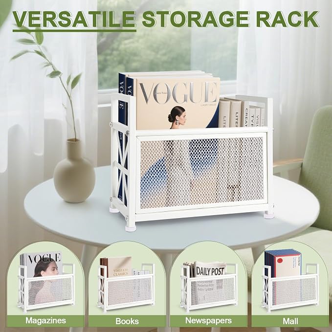 White Magazine Holder, Metal Magazine Rack Floor, Magazine Storage Basket, Mesh Magazine File Holder, Magazine Holders for Shelves,Magazine Stand for Desk, Folder Organizer Bin for Magazines