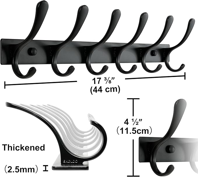 SKOLOO Coat Rack Wall Mounted - 6 Hooks, Heavy Duty, Stainless Steel, Metal Wall Hanger, Sturdy Coat Hooks for Hanging Coats, Jacket, Clothes, Hats - Black